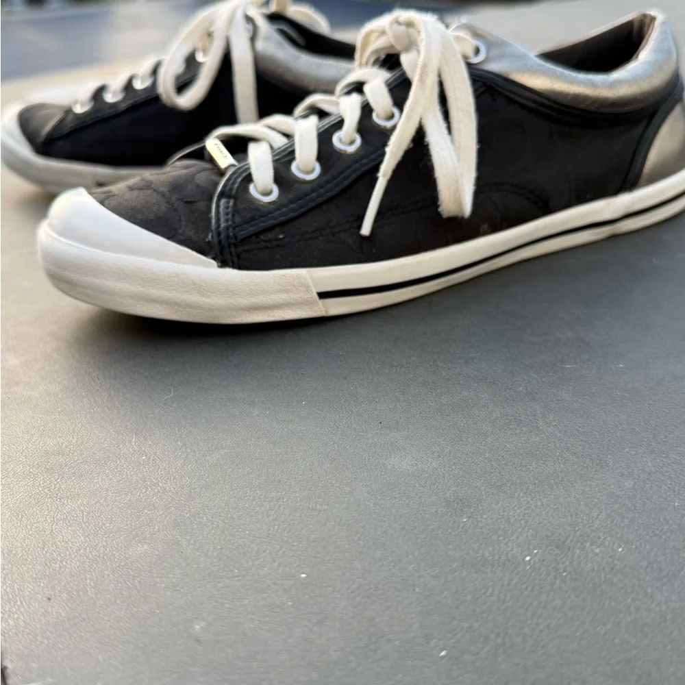 Coach Francesca lace-up sneakers in black metallic silver/pewter trim‎ 9.5